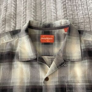 Tommy Bahama Plaid Shirt in Black and Cream With Hints of Light Blue